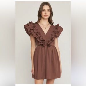 Entro Ruffle Pleated V-neck Mini Babydoll Dress Size L Chocolate Brown